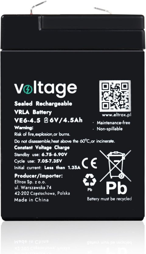VOLTAGE Akumulator AGM Voltage 6V 4,5Ah VE6-4.5 (Żywotność 6-9 lat)