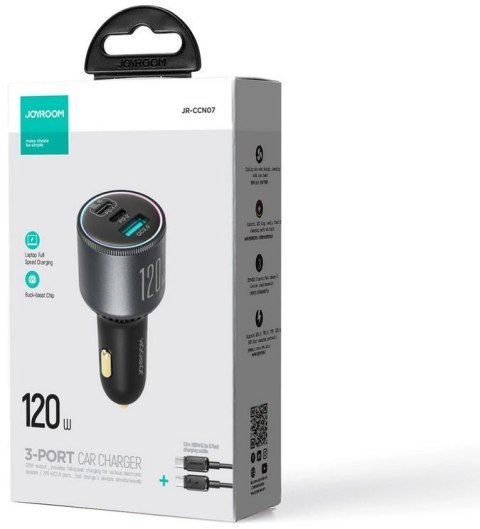 JOYROOM Ładowarka samochodowa Joyroom JR-CCN07 120W 5.0A PD 3.0 QC 3.0 1x USB-A 2x USB-C + kabel