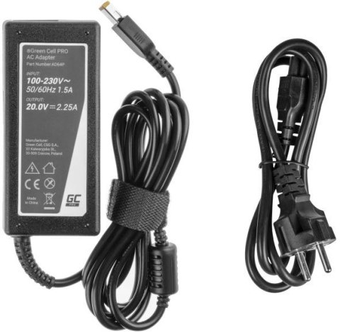 GREEN CELL ZASILACZ ŁADOWARKA DO LAPTOPA LENOVO Green Cell PRO AD64P 20V 2,25A 45W Slim Tip