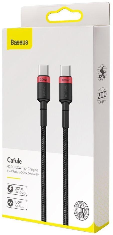 BASEUS KABEL USB-C / USB-C Baseus Cafule CATKLF-AL91 200cm 100W 5A PD 2.0 QC 3.0 CZARNY W OPLOCIE