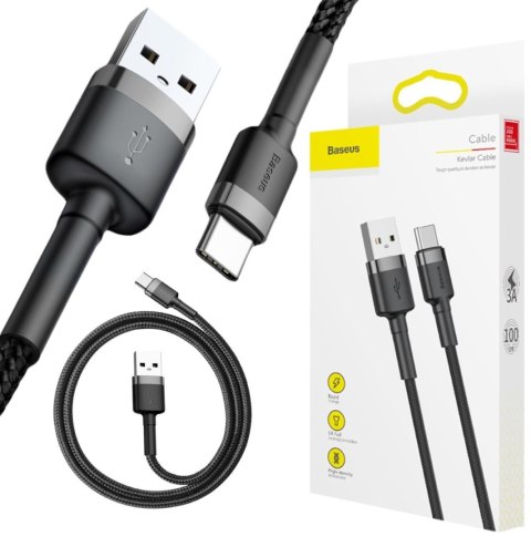 BASEUS KABEL USB-A / USB-C Baseus Cafule CATKLF-BG1 100cm 3A QC 3.0 CZARNO-SZARY W NYLONOWYM OPLOCIE