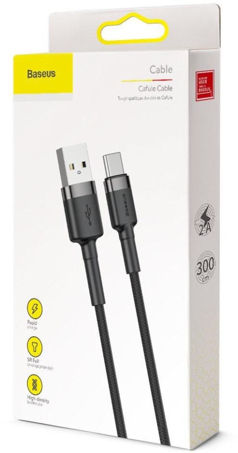 BASEUS KABEL USB-A / USB-C Baseus Cafule CATKLF-UG1 300cm 2A QC 3.0 CZARNO-SZARY W NYLONOWYM OPLOCIE