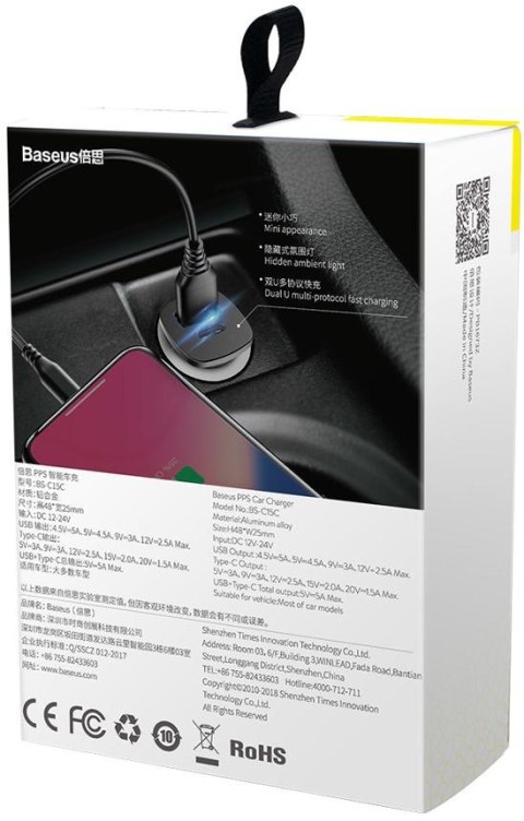 BASEUS ŁADOWARKA SAMOCHODOWA Baseus Square CCALL-AS01 30W 5A 1x USB-A 1x USB-C QC 4.0+