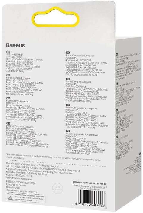 BASEUS ŁADOWARKA SIECIOWA Baseus Compact Charger CCXJ010202 10.5W 2x USB-A BIAŁA