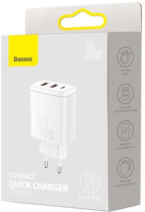 BASEUS ŁADOWARKA SIECIOWA Baseus Compact Quick Charger CCXJ-E02 30W 2x USB-A 1x USB-C PD 3.0 QC 3.0 BIAŁA