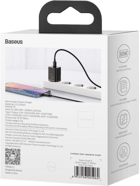 BASEUS ŁADOWARKA SIECIOWA Baseus Super Si Quick Charger 1C CCSUP-J01 30W 1x USB-C PD 3.0 QC 3.0 CZARNA