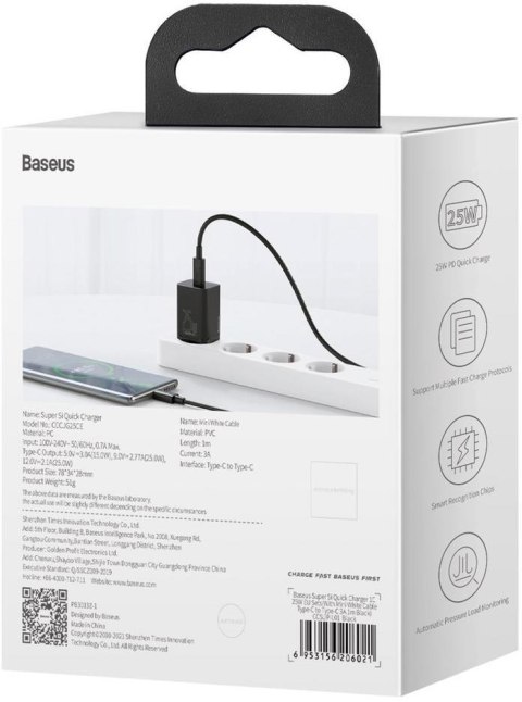 BASEUS ŁADOWARKA SIECIOWA Baseus Super Si Quick Charger 1C TZCCSUP-L01 25W 1x USB-C PD 3.0 QC 3.0 + KABEL